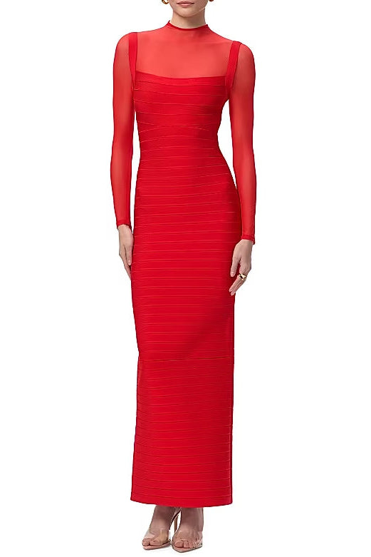 0d4ef103-0a20-4c7a-bd18-55bf343422e3 TINA RED MESH SEE-THROUGH BANDAGE MAXI DRESS
