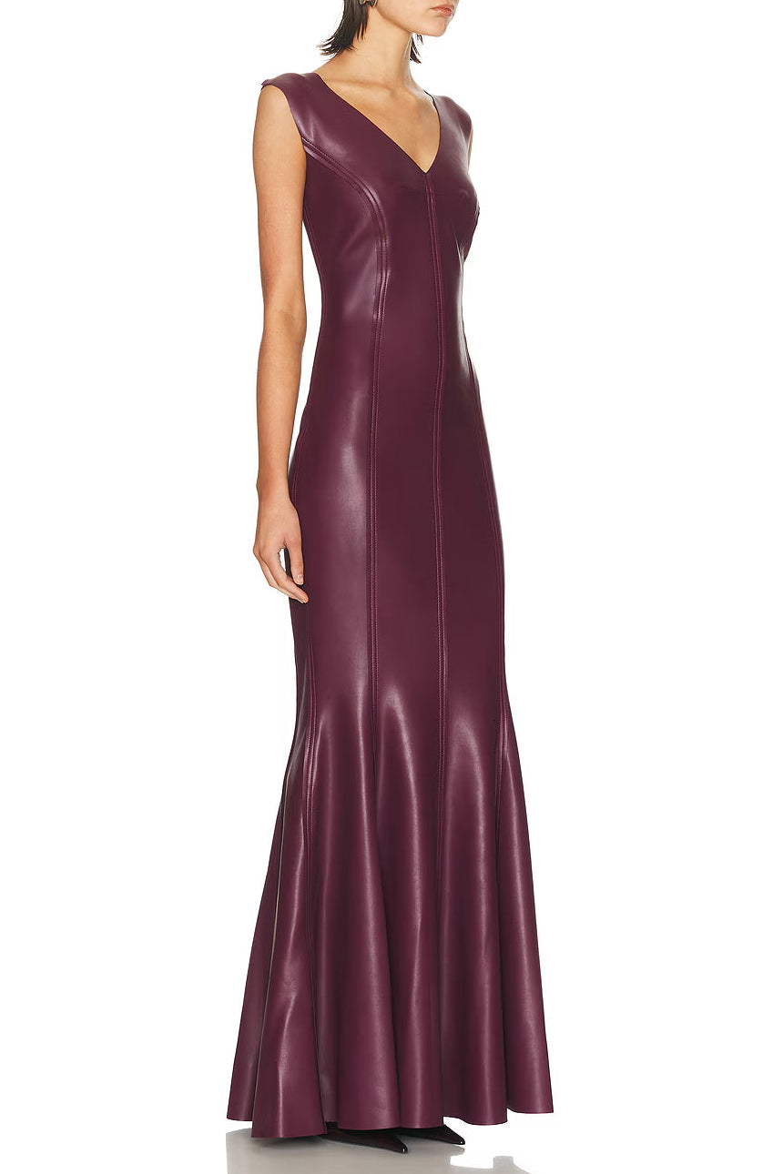 OPHELIA V-NECK SLEEVELESS BURGUNDY LEATHER MAXI DRESS