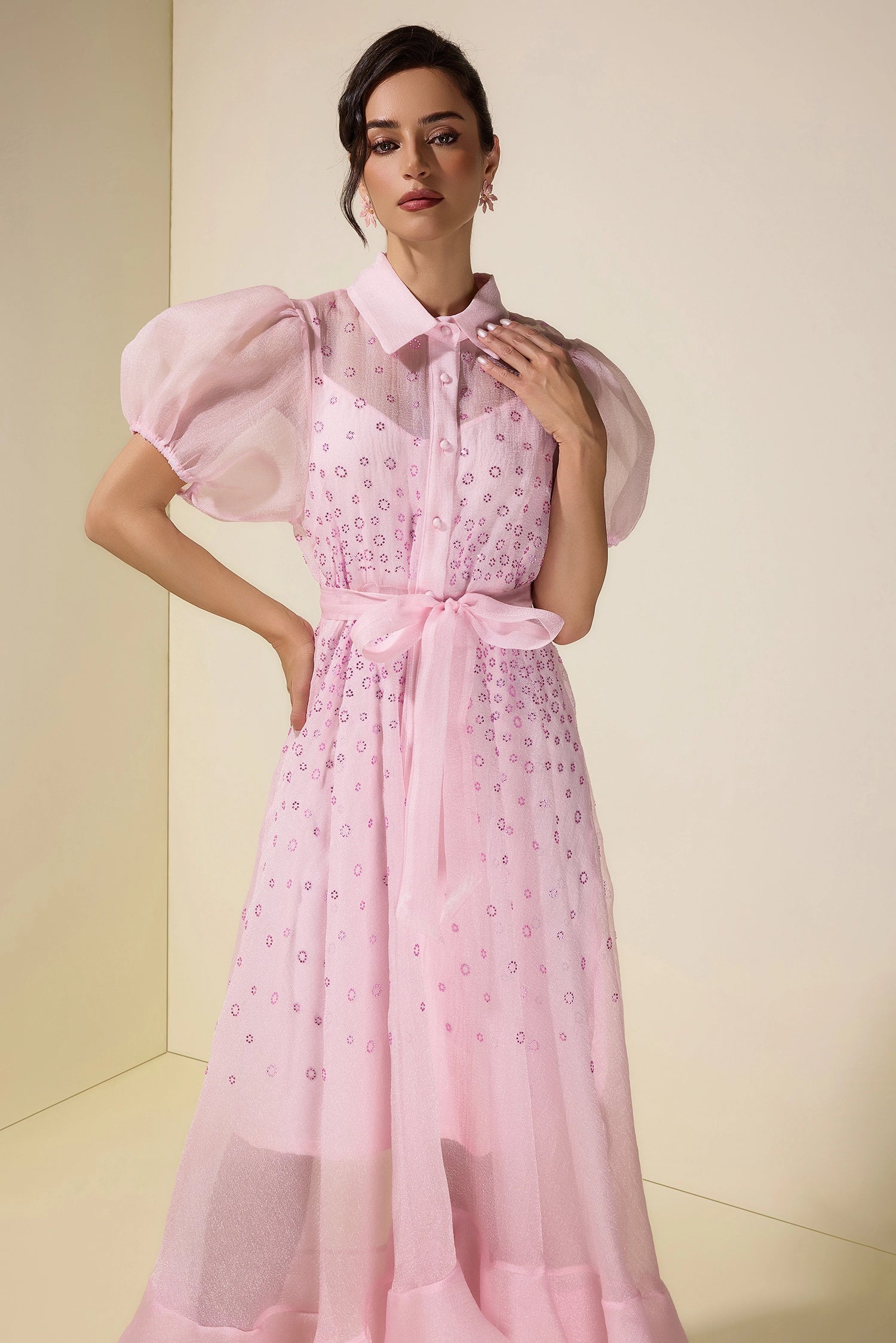 SYLVIA RHINESTONE PUFF SLEEVE MAXI DRESS - PINK