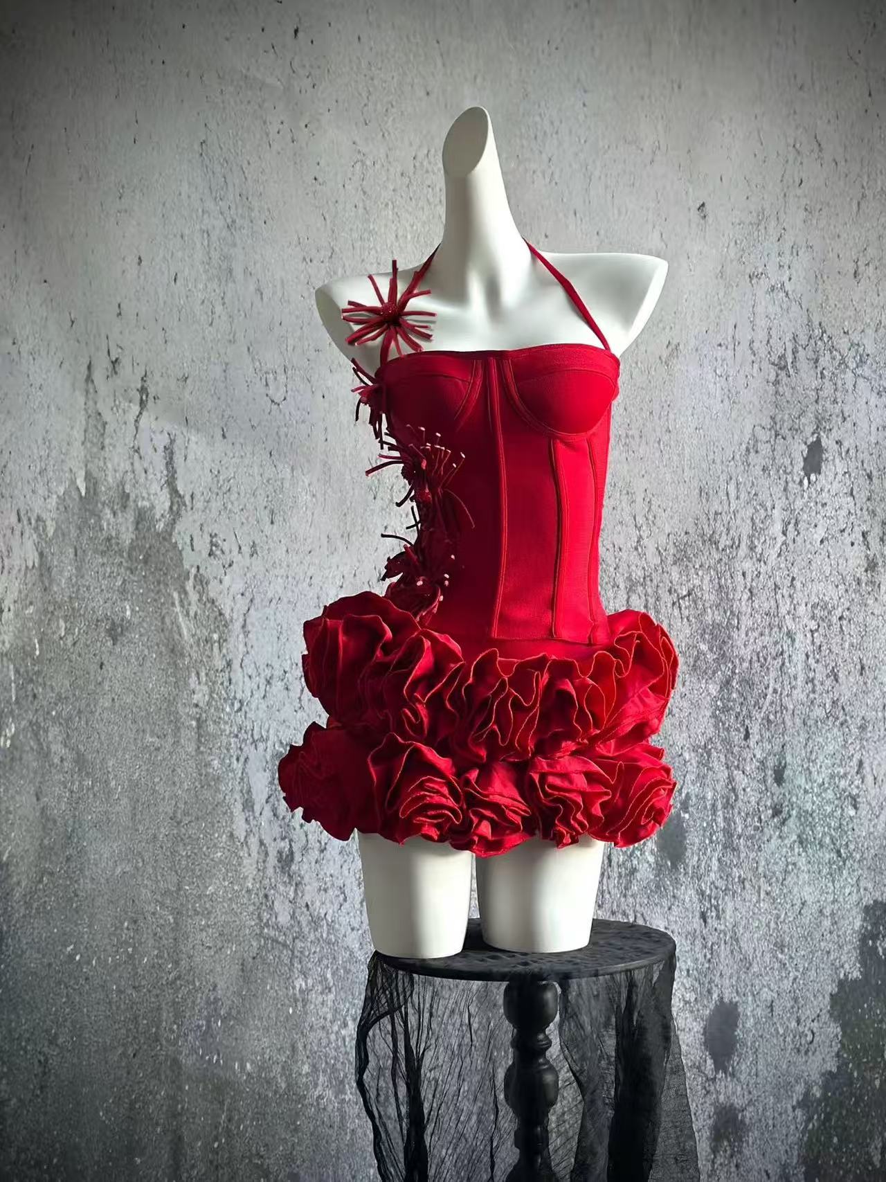 RED CORSET FLORAL MINI SKIRT SUIT FOR PARTY
