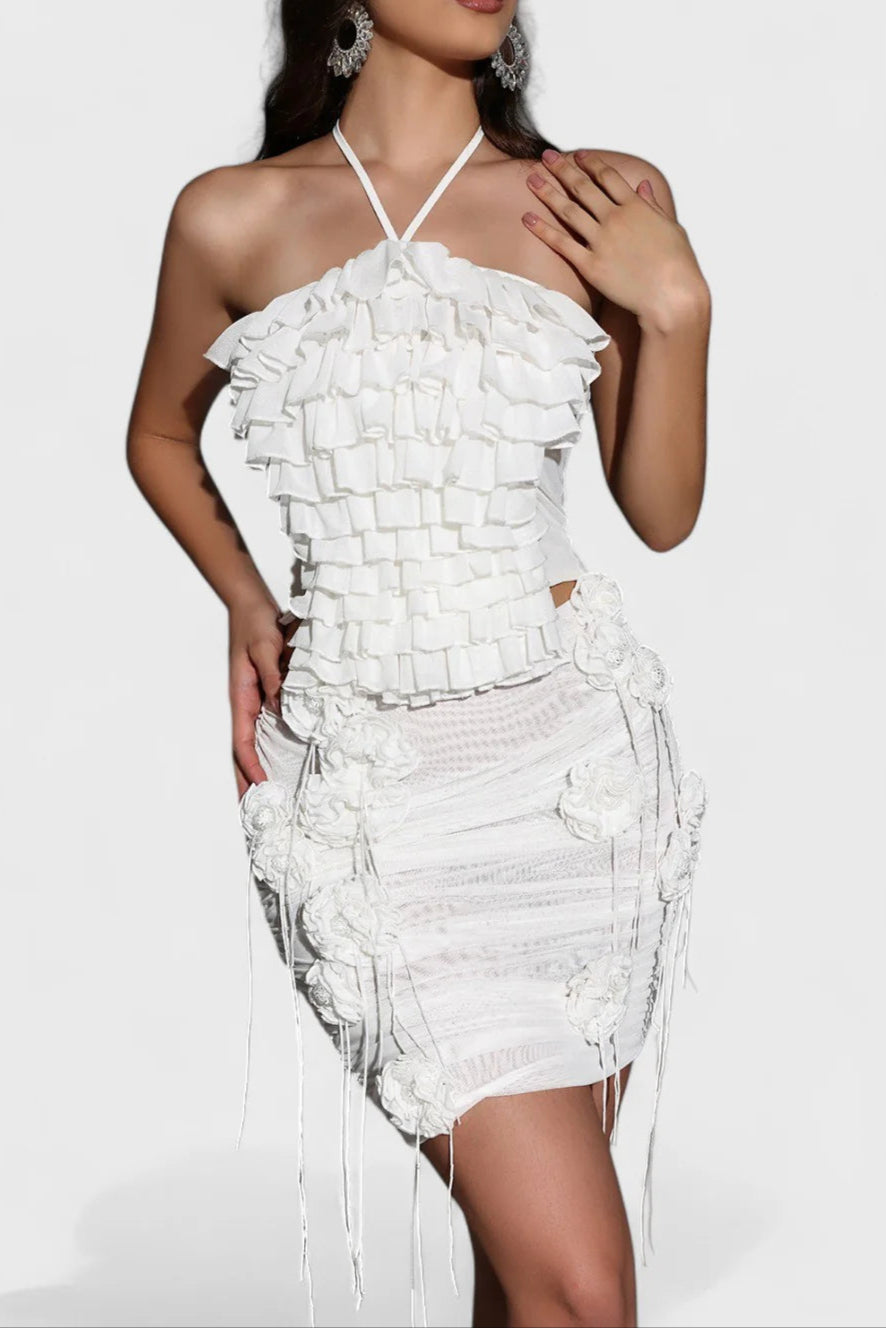HELEN HALTER MESH FLORAL WHITE MINI DRESS