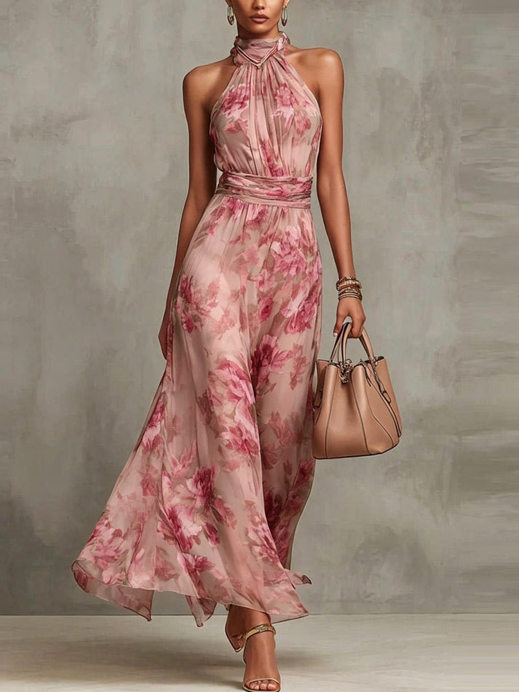 POLLY GREEN FLORAL CHIFFON HALTER MAXI DRESS