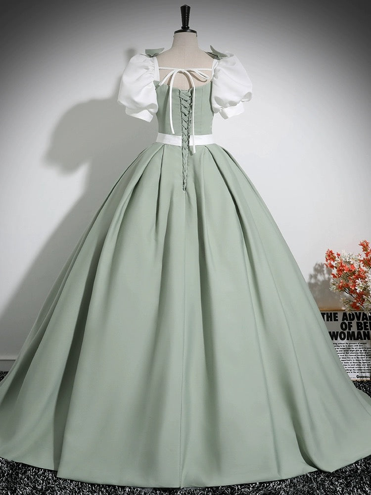 A-LINE PUFF SLEEVE SATIN GREEN PARTY DRESS