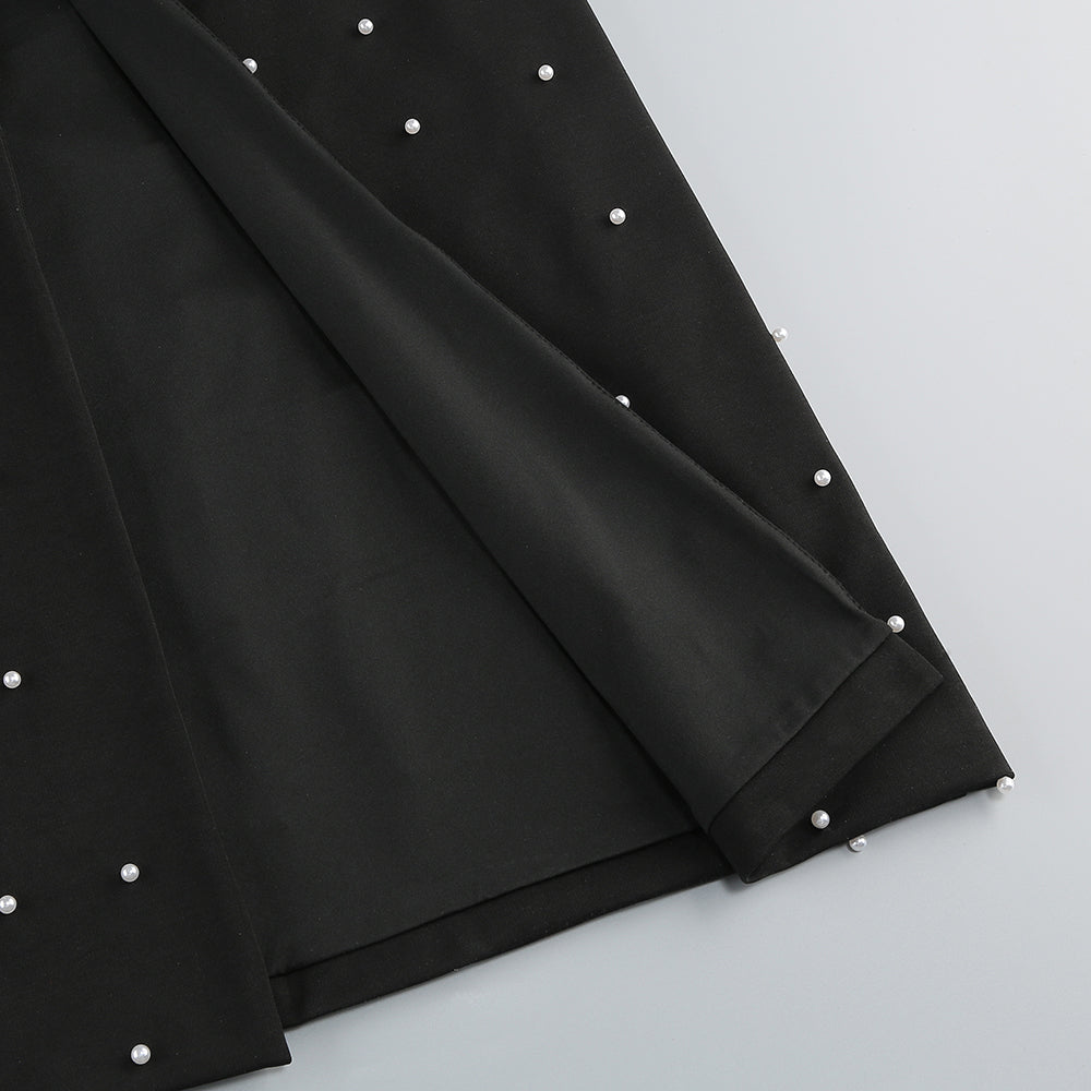 PEARL STRAPLESS GOWN, BLACK EVENING DRESS