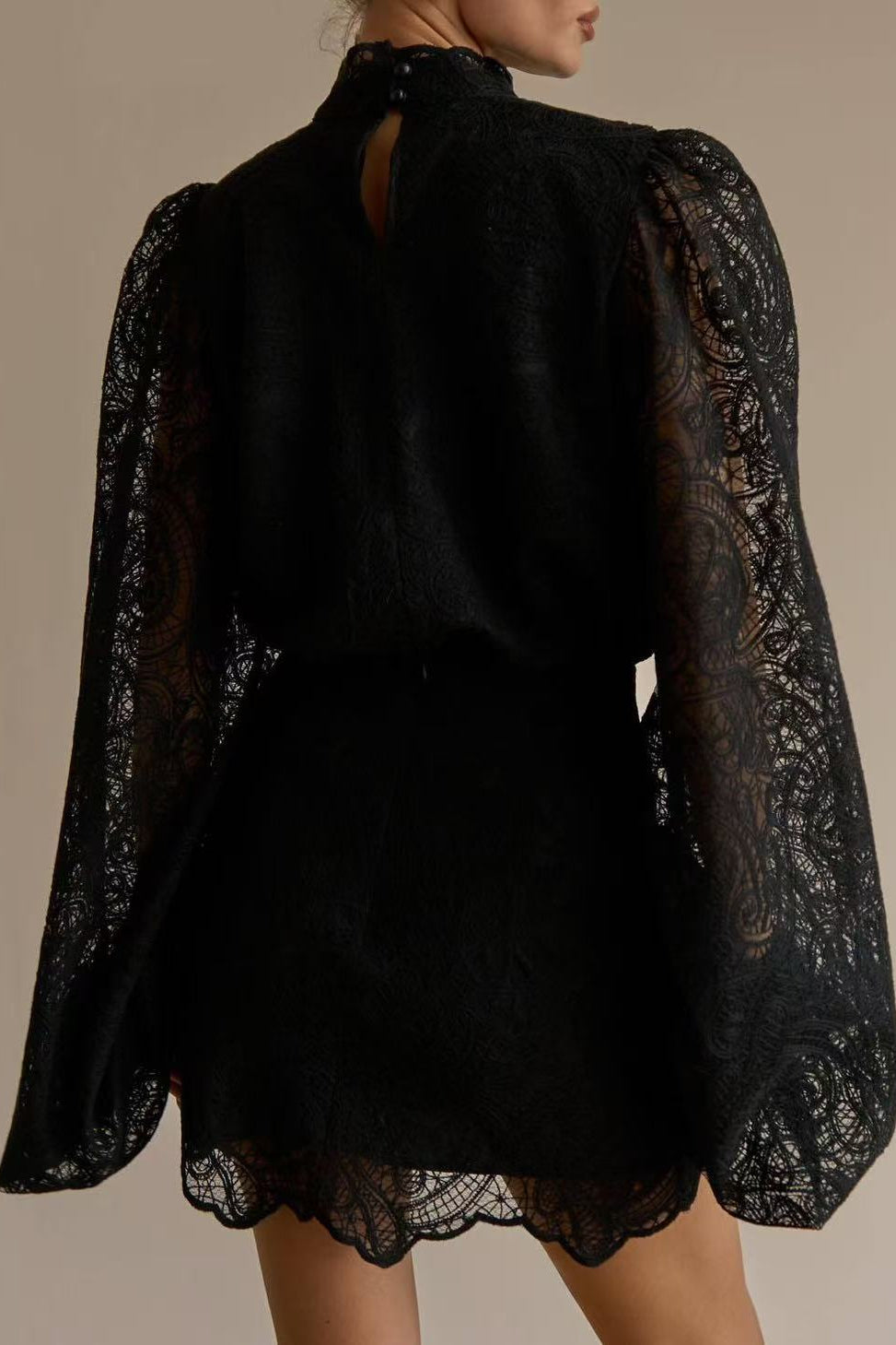 BLACK LACE PUFF SLEEVE TOP & A-LINE SKIRT SET