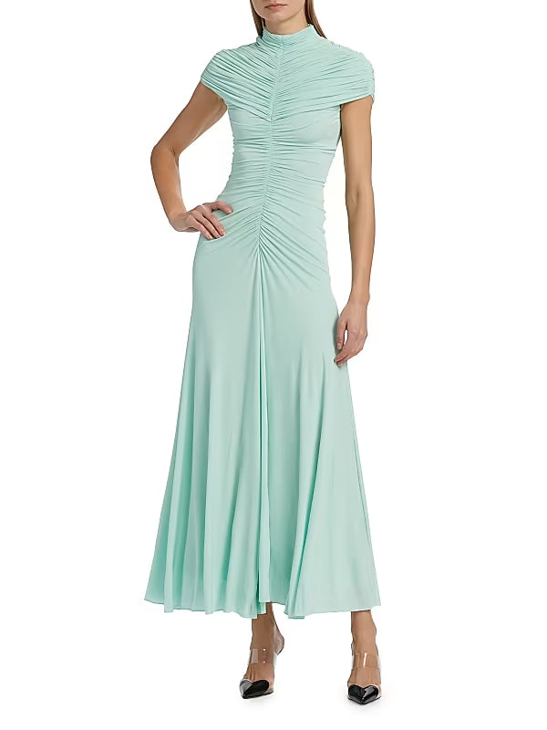 LILLIAN GATHERED HIGH-NECK MAXI DRESS IN GREEN
