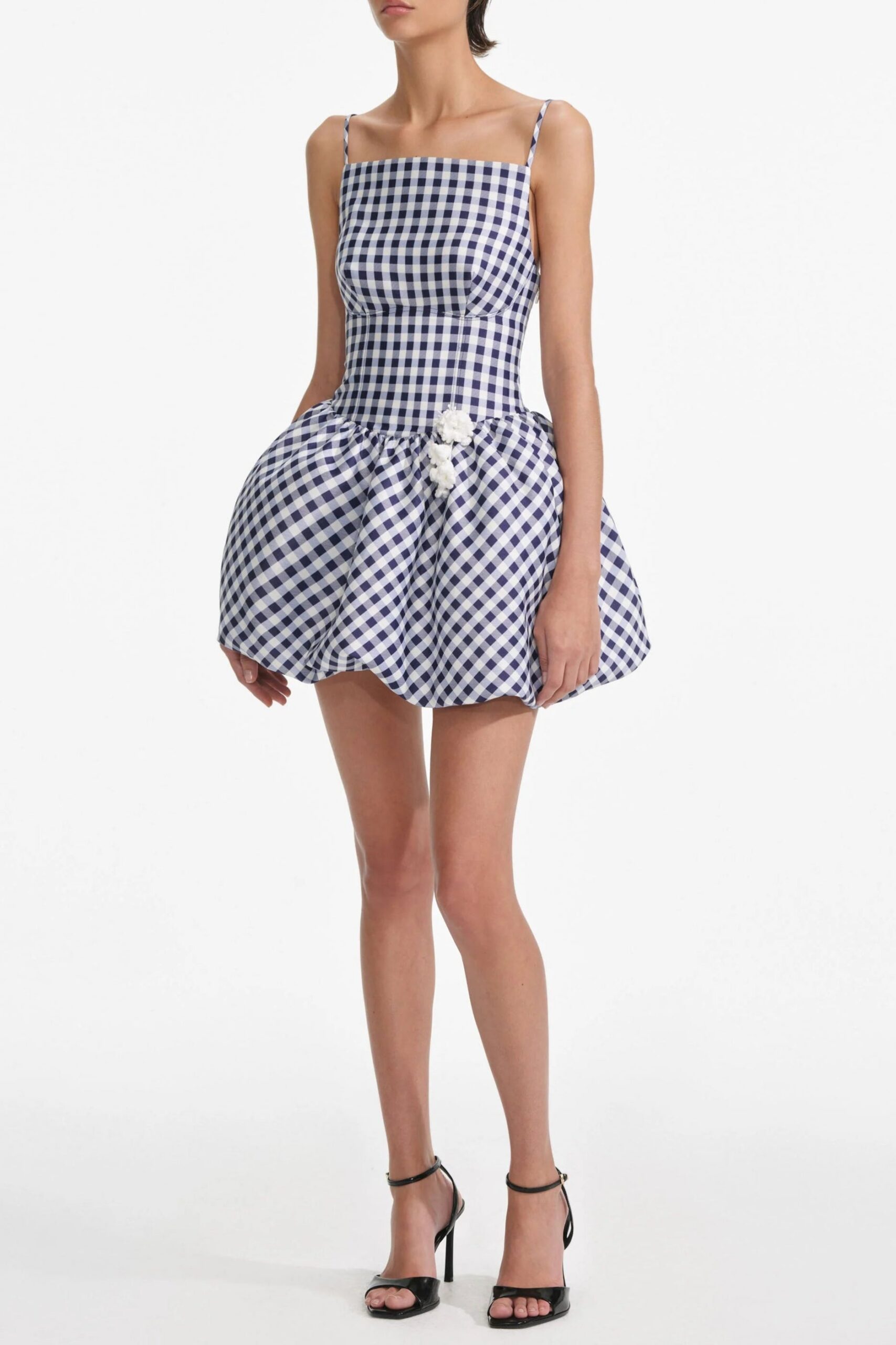 NAVY GINGHAM TAFFETA MINI DRESS FOR COCKTAIL PARTY