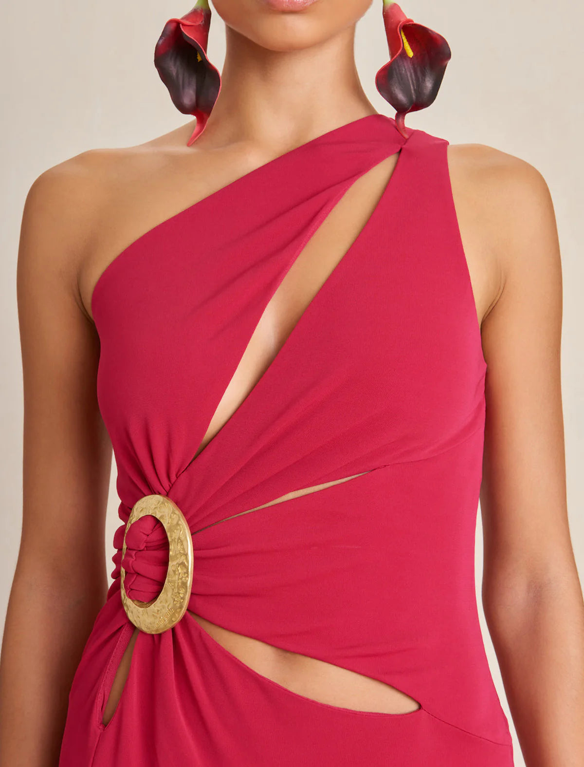 ONE-SHOULDER CUTOUT SIDE SLIT MAGENTA MAXI DRESS