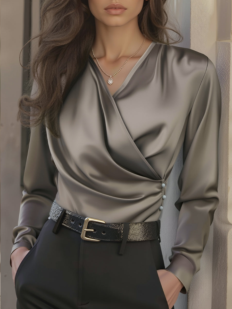 LUXURIOUS BROWN SATIN LACE UP V-NECK BLOUSE FOR EVENTS
