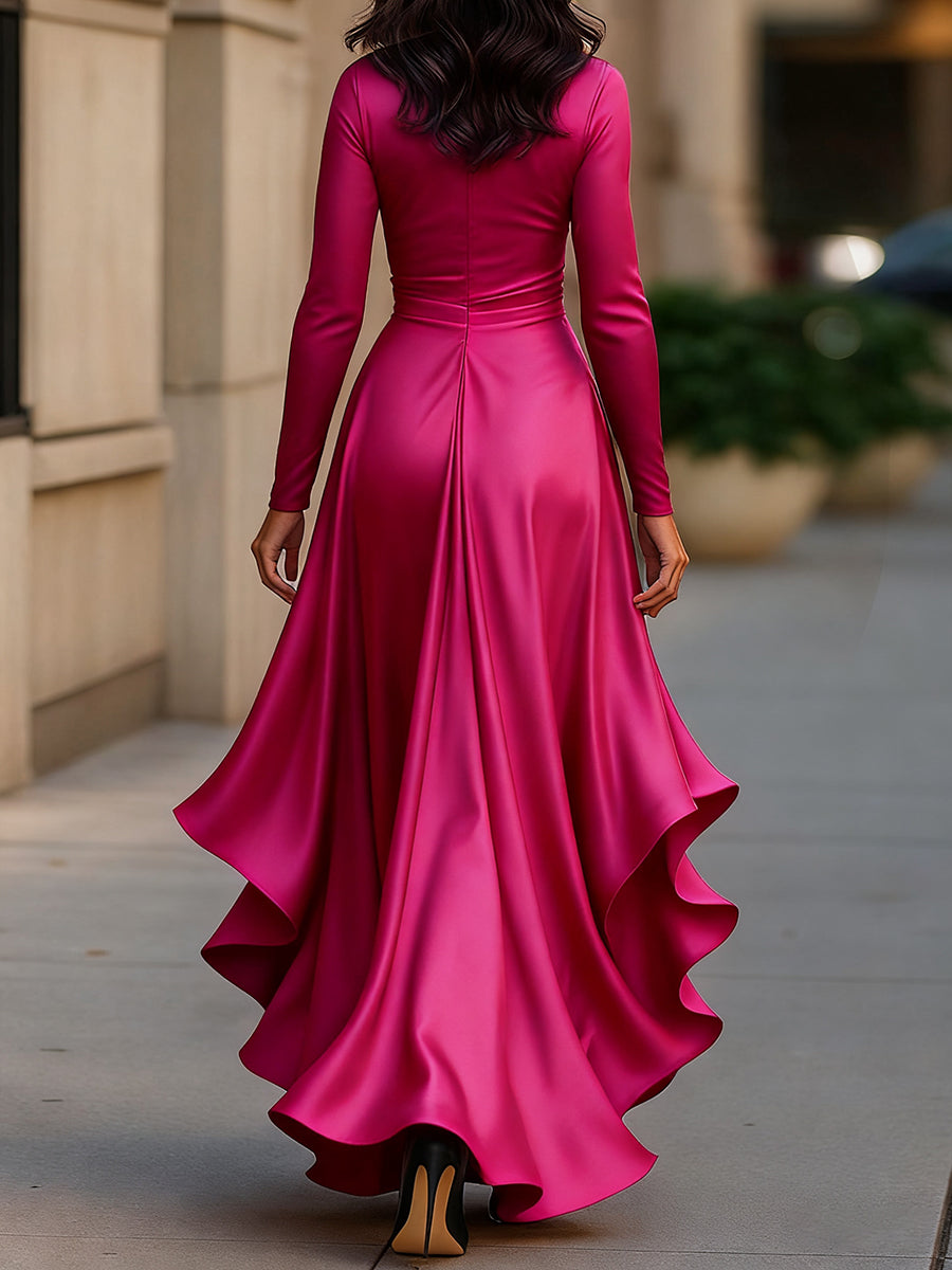 MIDNIGHT BLUE DRAPED SATIN MAXI DRESS, RUFFLE EVENING GOWN