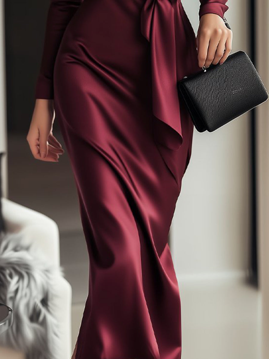 BURGUNDY SATIN WRAP DRESS WITH WAIST TIE FOR EVENTS