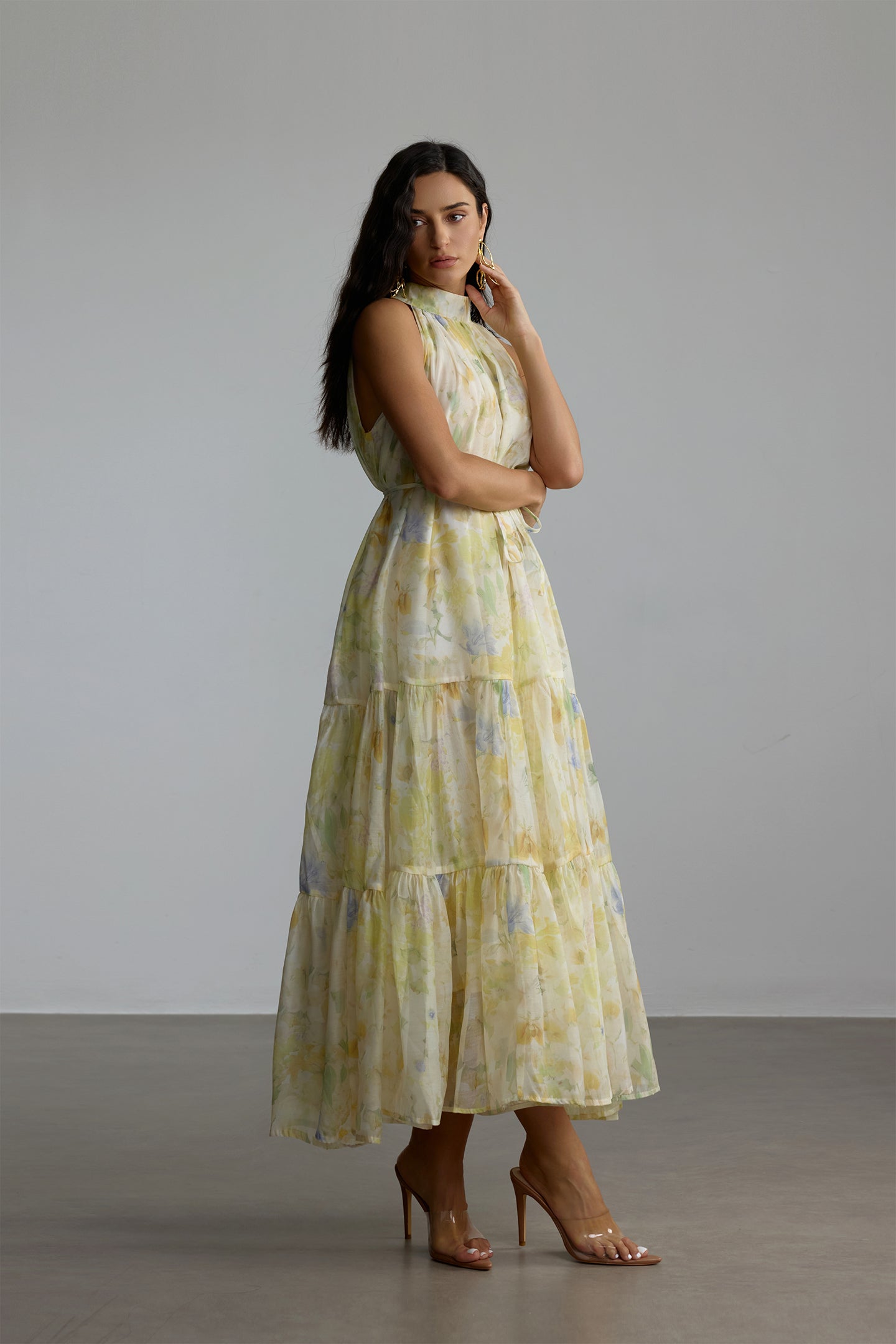 CAROLINE FLORAL PRINT SLEEVELESS MAXI DRESS YELLOW