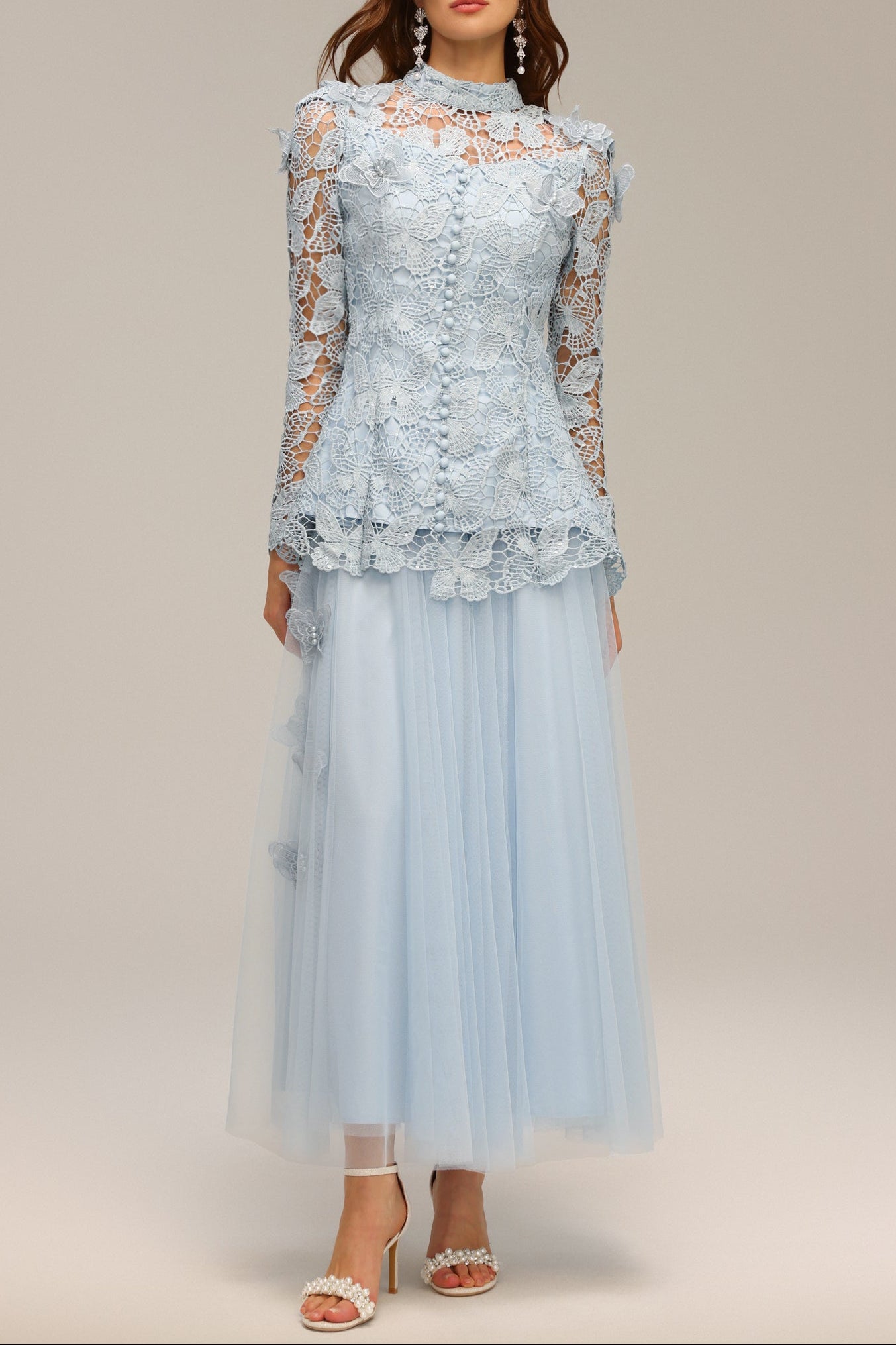 1-62 YVETTE BLUE LACE TWO-PIECE SET | LONG SLEEVE BUTTERFLY TOP & SKIRT