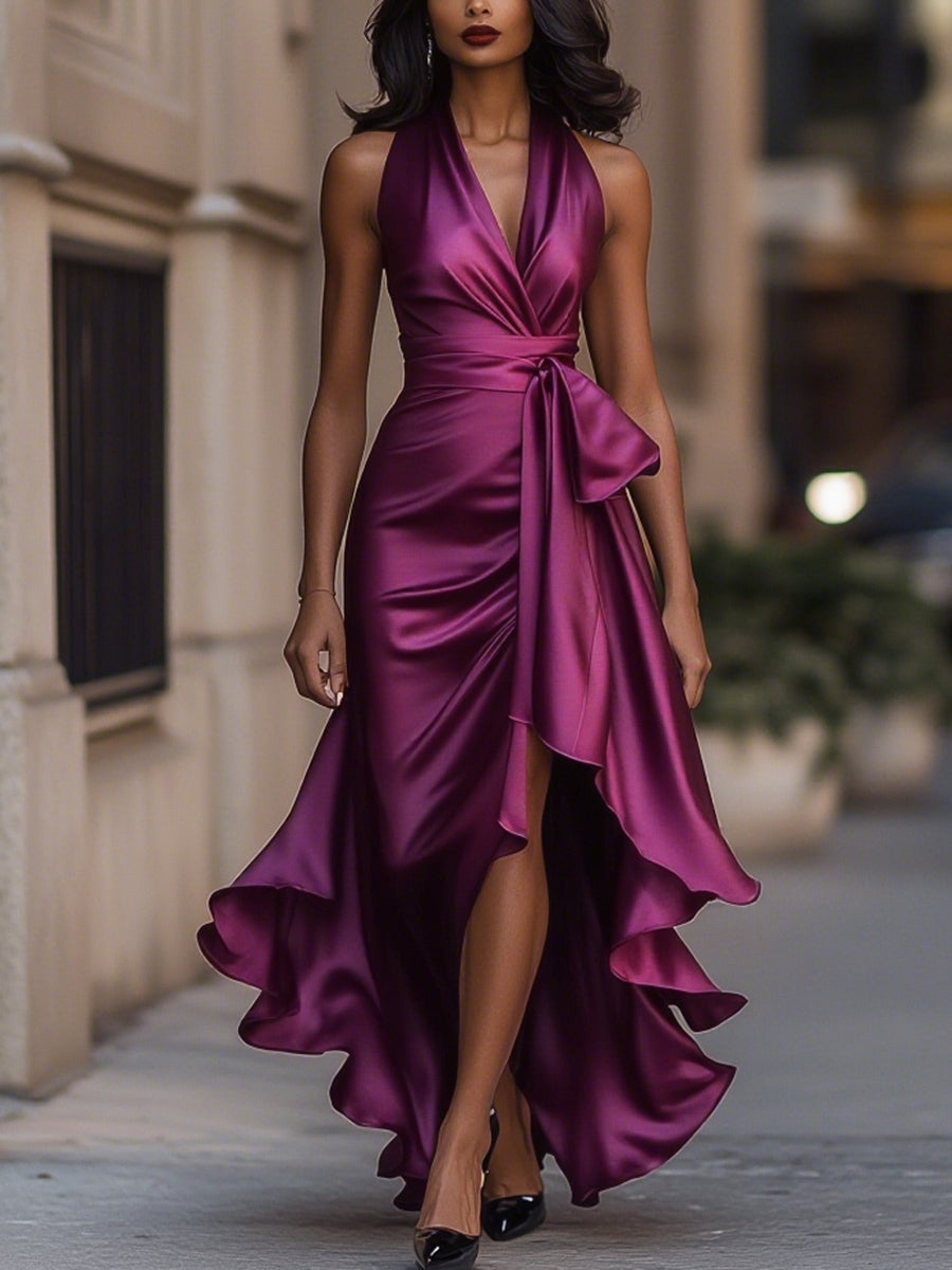 MIDNIGHT SATIN HALTER RUFFLE GOWN