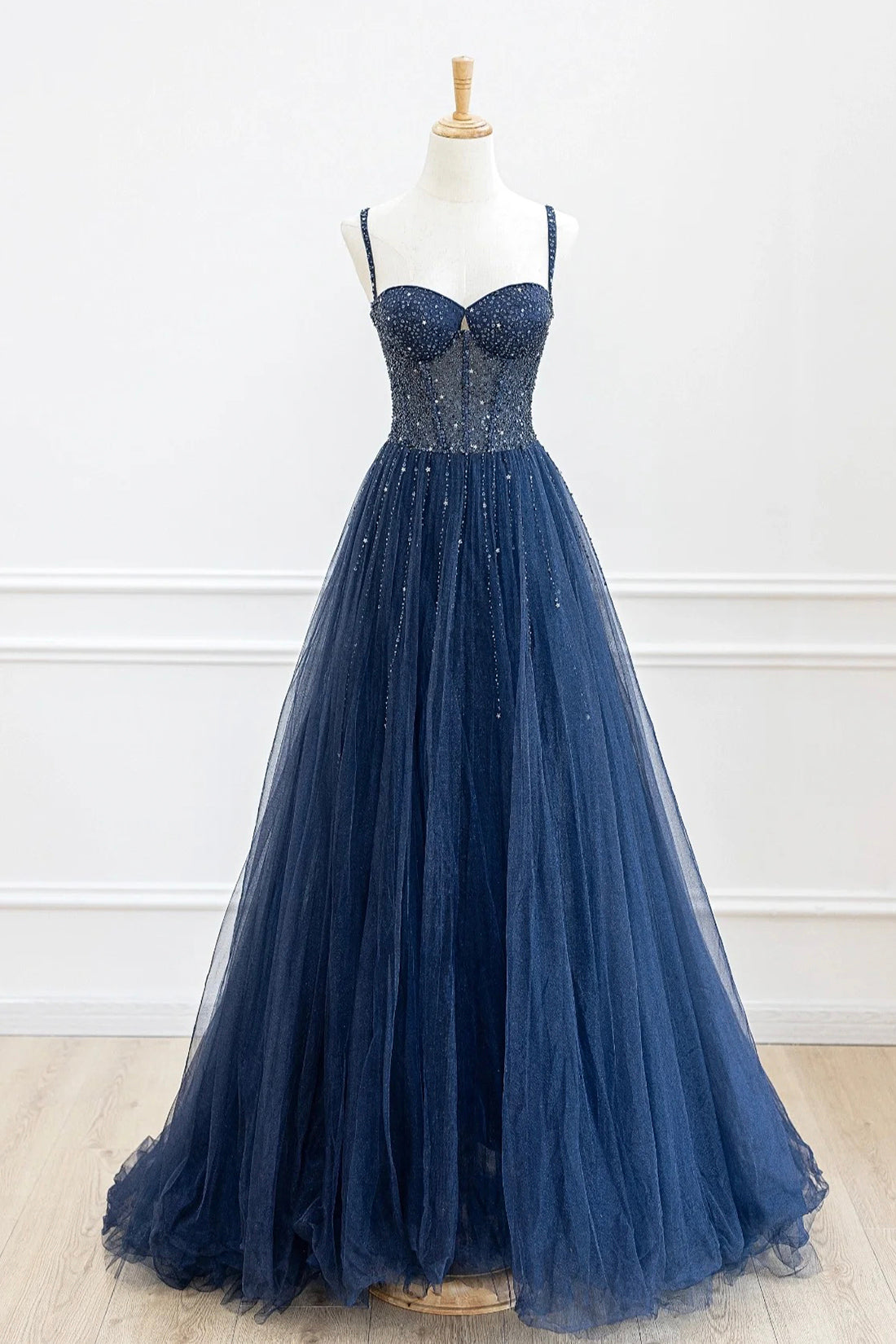 BLUE TULLE BEADED PROM DRESS, A-LINE, GLITTERING GOWN