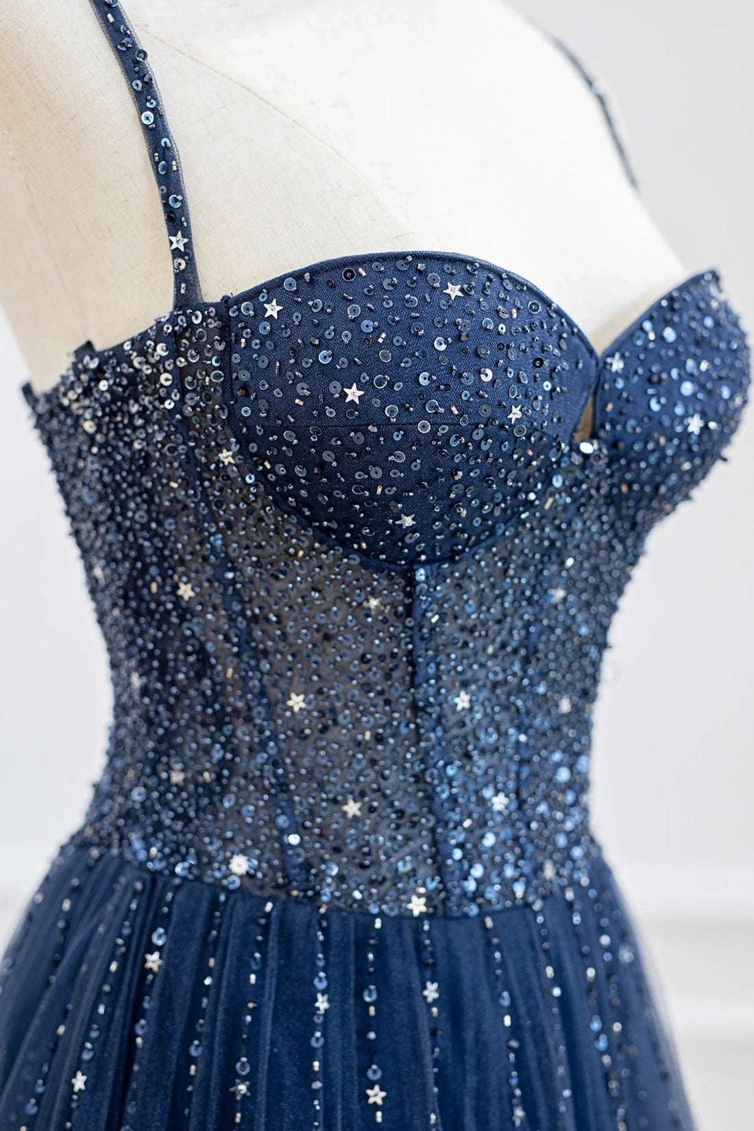BLUE TULLE BEADED PROM DRESS, A-LINE, GLITTERING GOWN