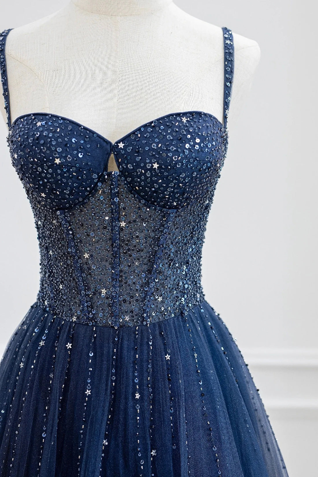 BLUE TULLE BEADED PROM DRESS, A-LINE, GLITTERING GOWN