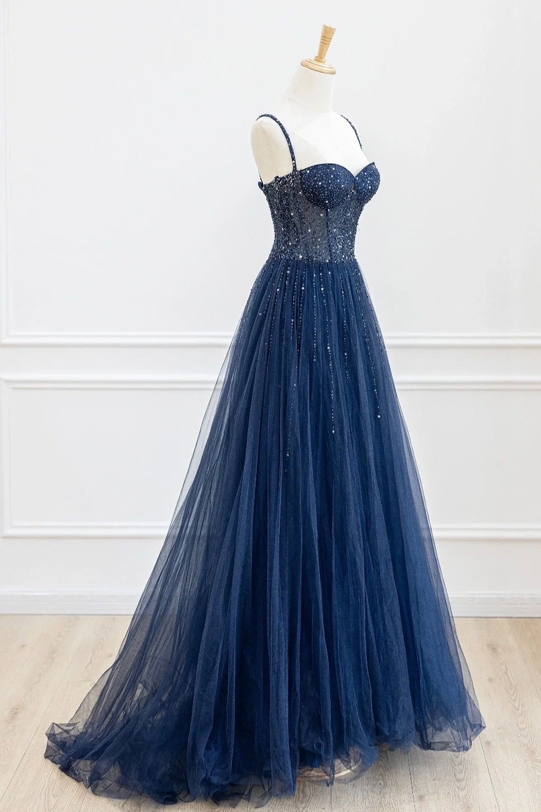 BLUE TULLE BEADED PROM DRESS, A-LINE, GLITTERING GOWN
