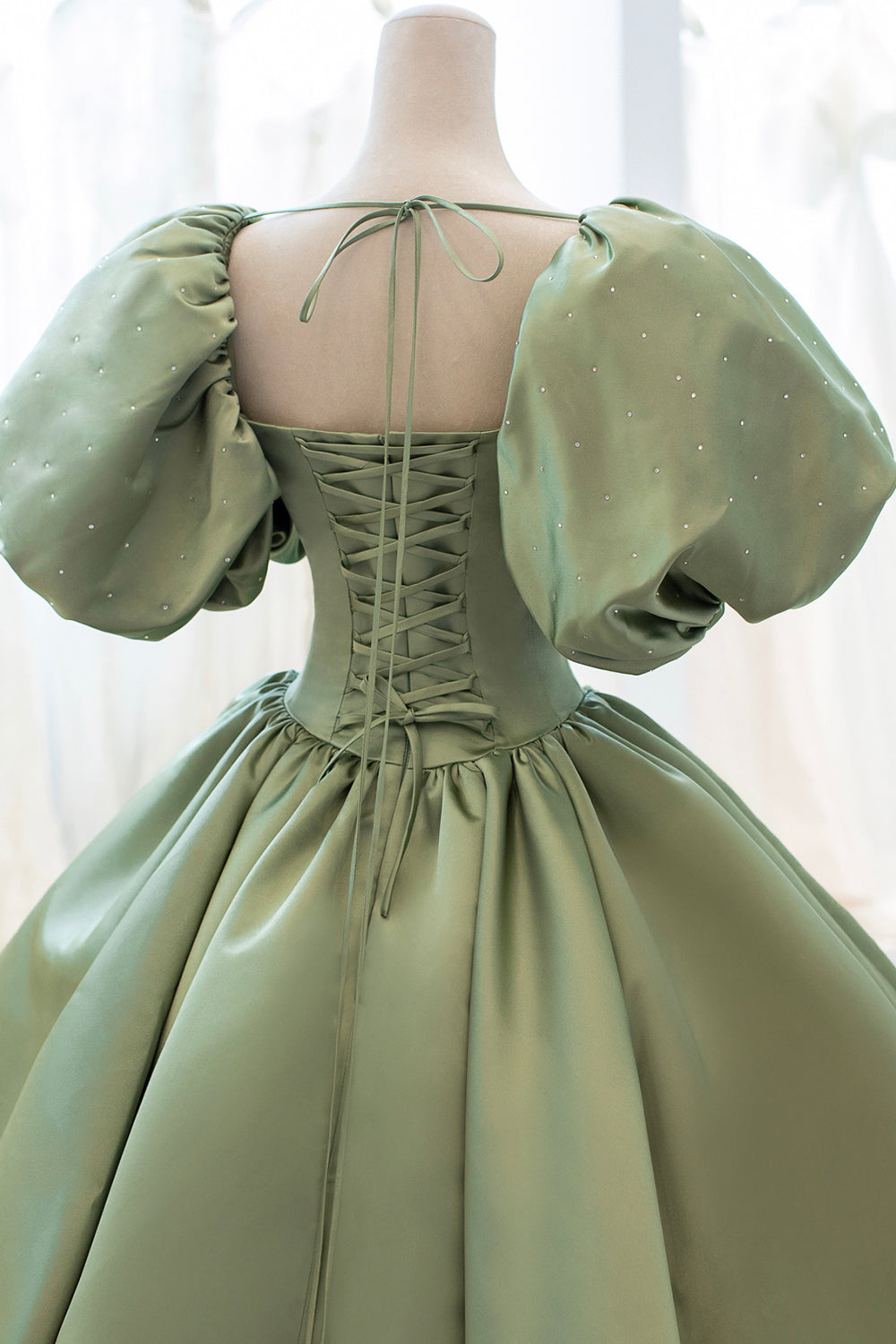 GREEN SATIN PUFF SLEEVE PROM DRESS