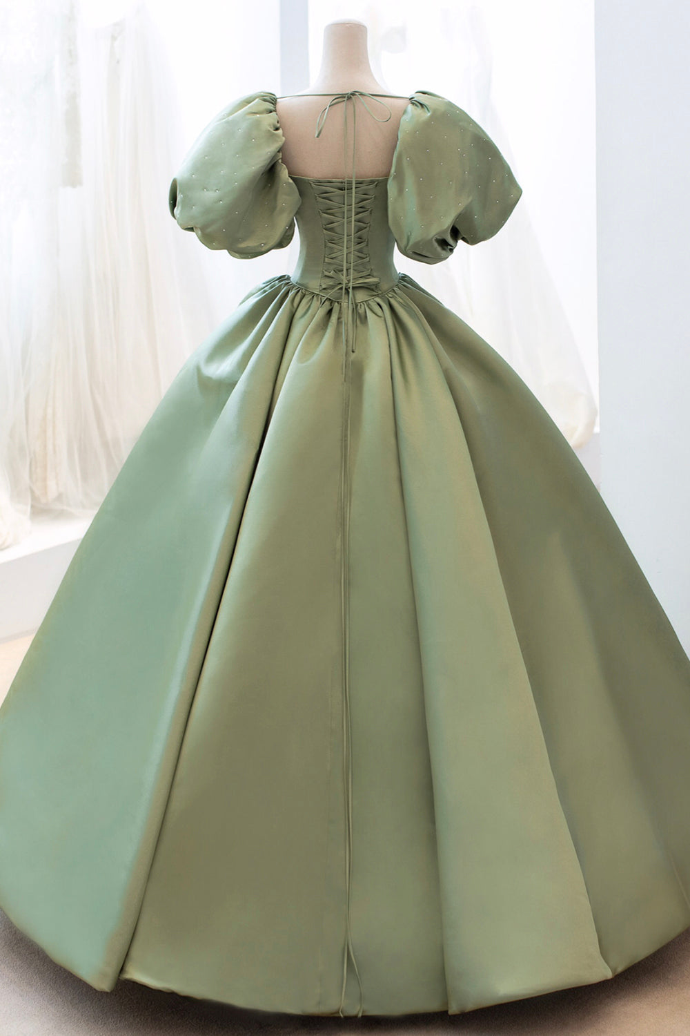 GREEN SATIN PUFF SLEEVE PROM DRESS