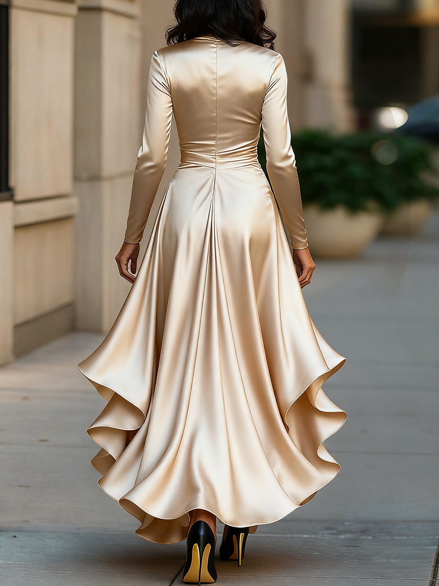 MIDNIGHT BLUE DRAPED SATIN MAXI DRESS, RUFFLE EVENING GOWN