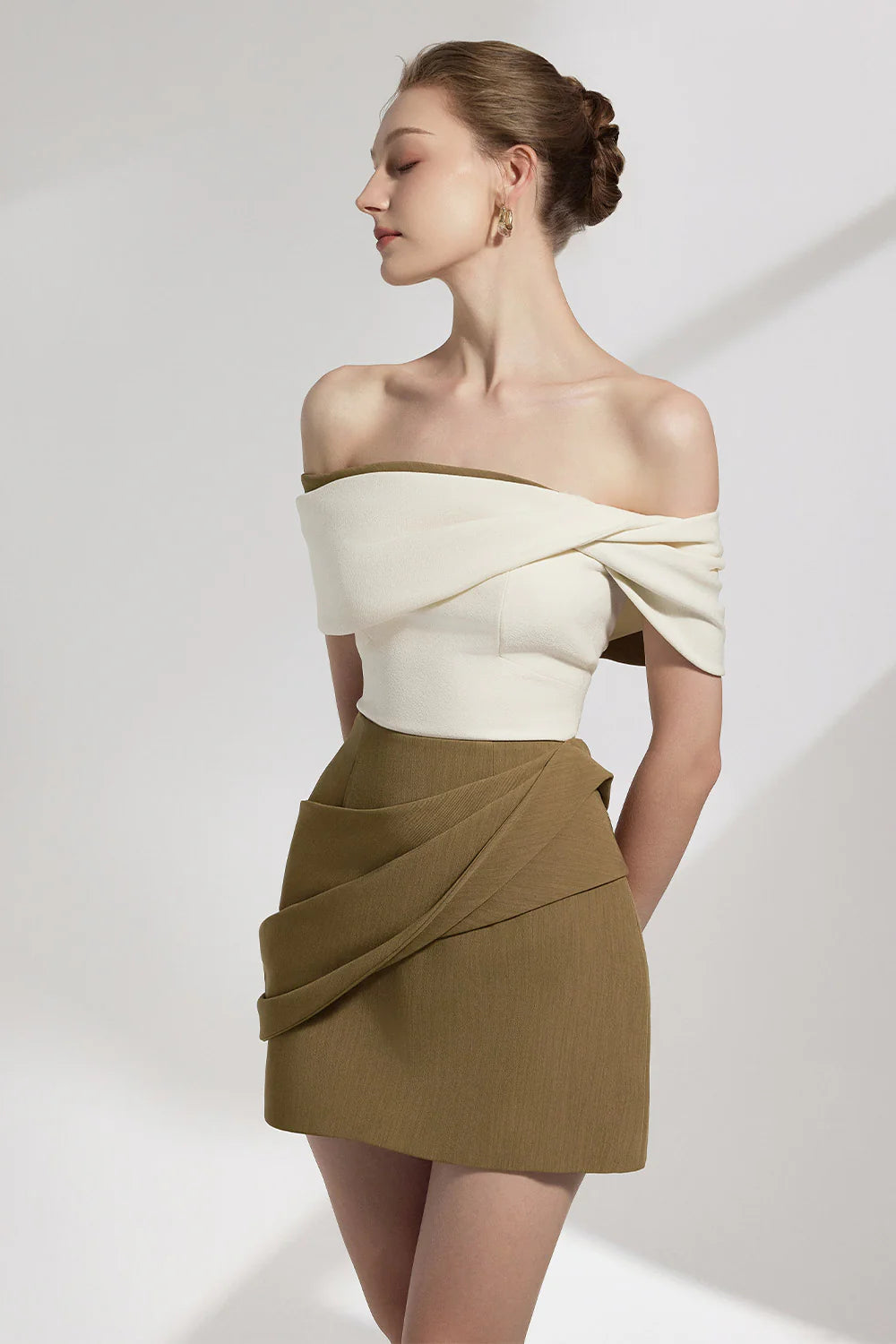 KHAKI A-LINE PLEATED MINI DRESS FOR WEDDING GUEST