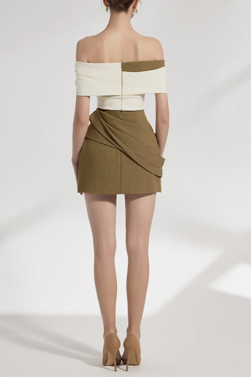 KHAKI A-LINE PLEATED MINI DRESS FOR WEDDING GUEST