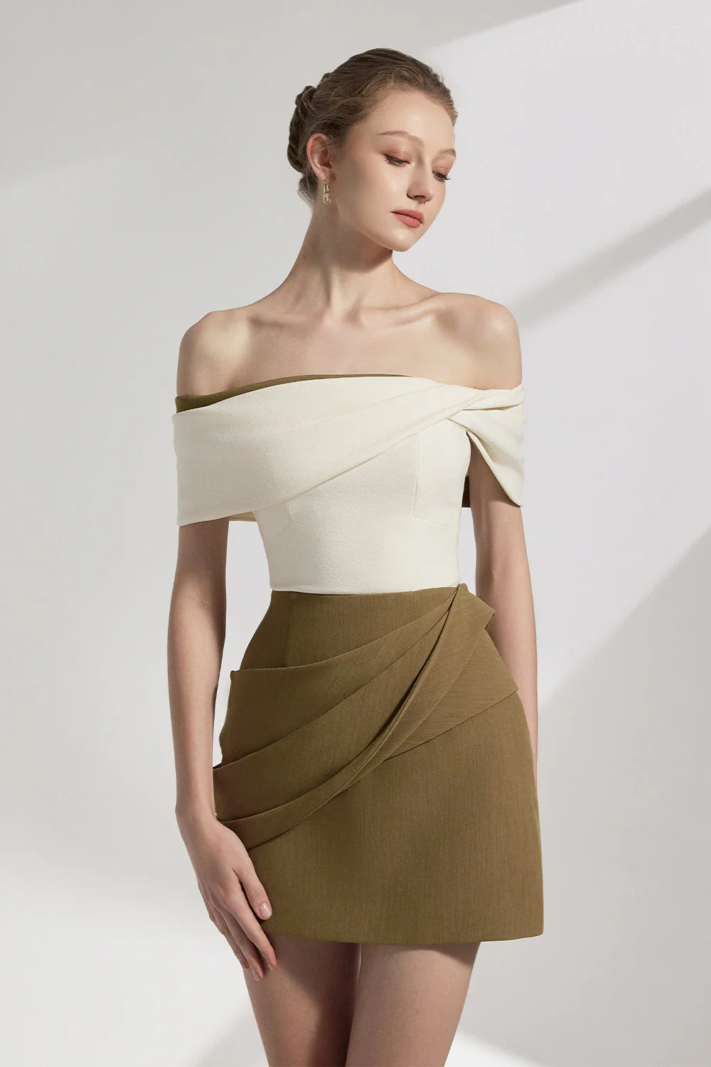 KHAKI A-LINE PLEATED MINI DRESS FOR WEDDING GUEST