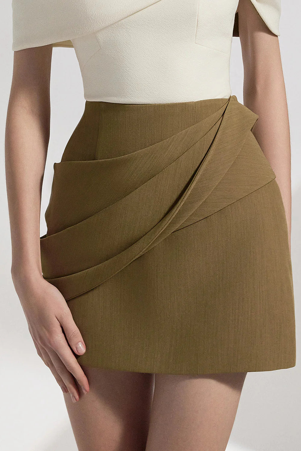 KHAKI A-LINE PLEATED MINI DRESS FOR WEDDING GUEST