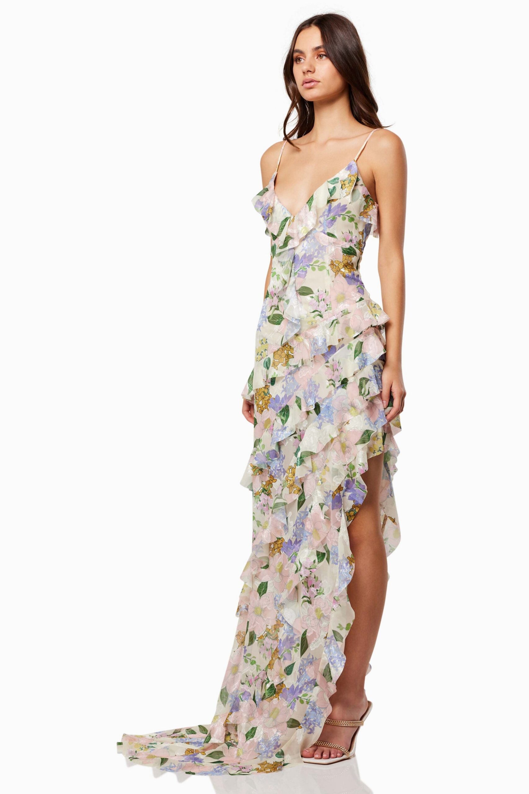 FLORAL V-NECK FRILL SLIP MAXI DRESS