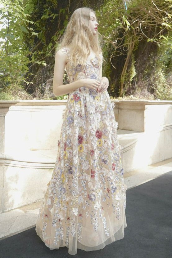 EMBROIDERED FLORAL SLEEVELESS MAXI DRESS FOR WEDDING