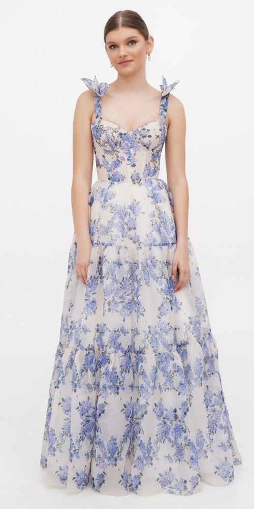 Floral Sweetheart Neck Frill Maxi Dress