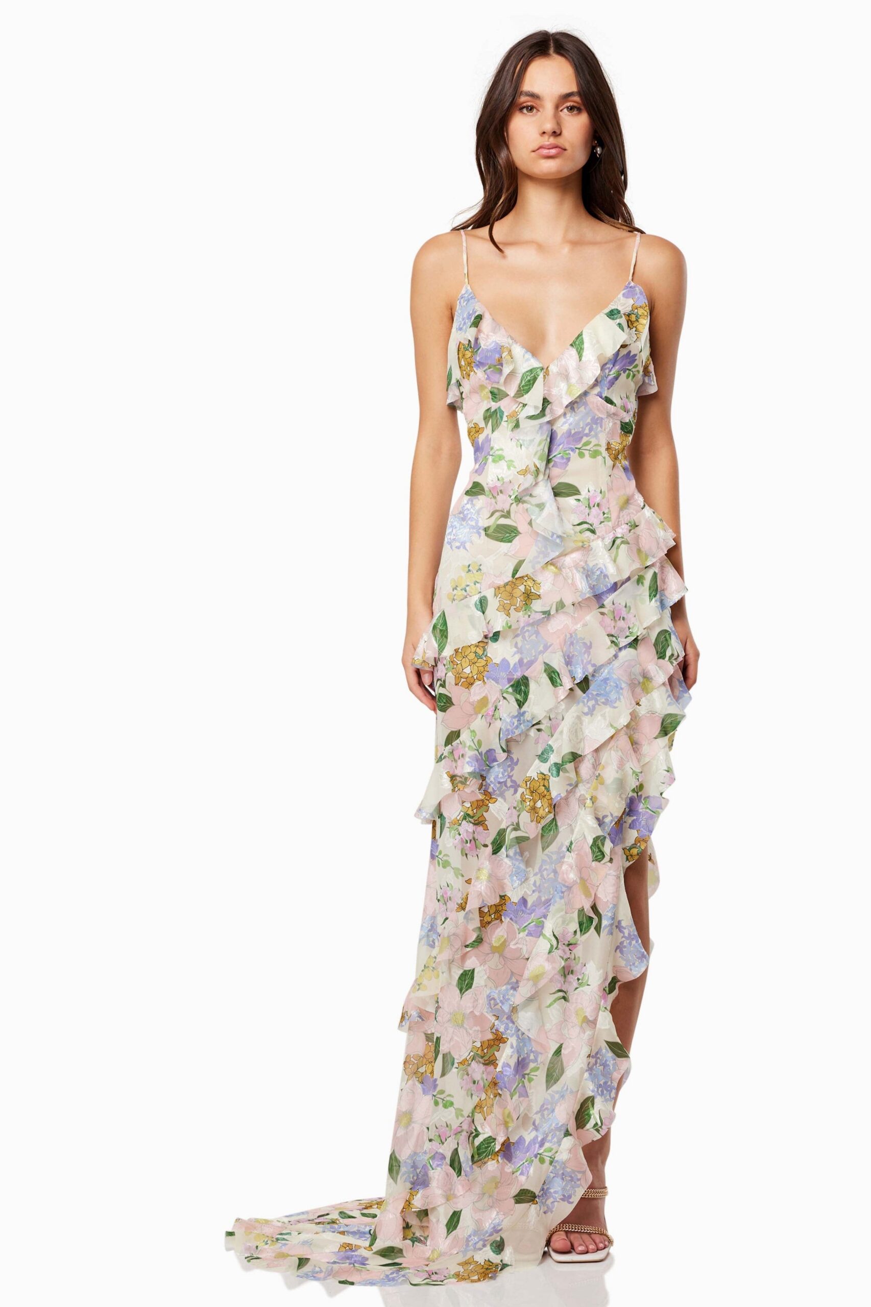 FLORAL V-NECK FRILL SLIP MAXI DRESS