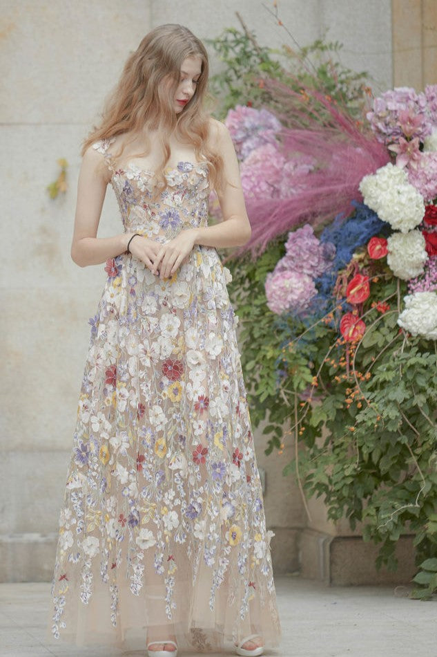 EMBROIDERED FLORAL SLEEVELESS MAXI DRESS FOR WEDDING