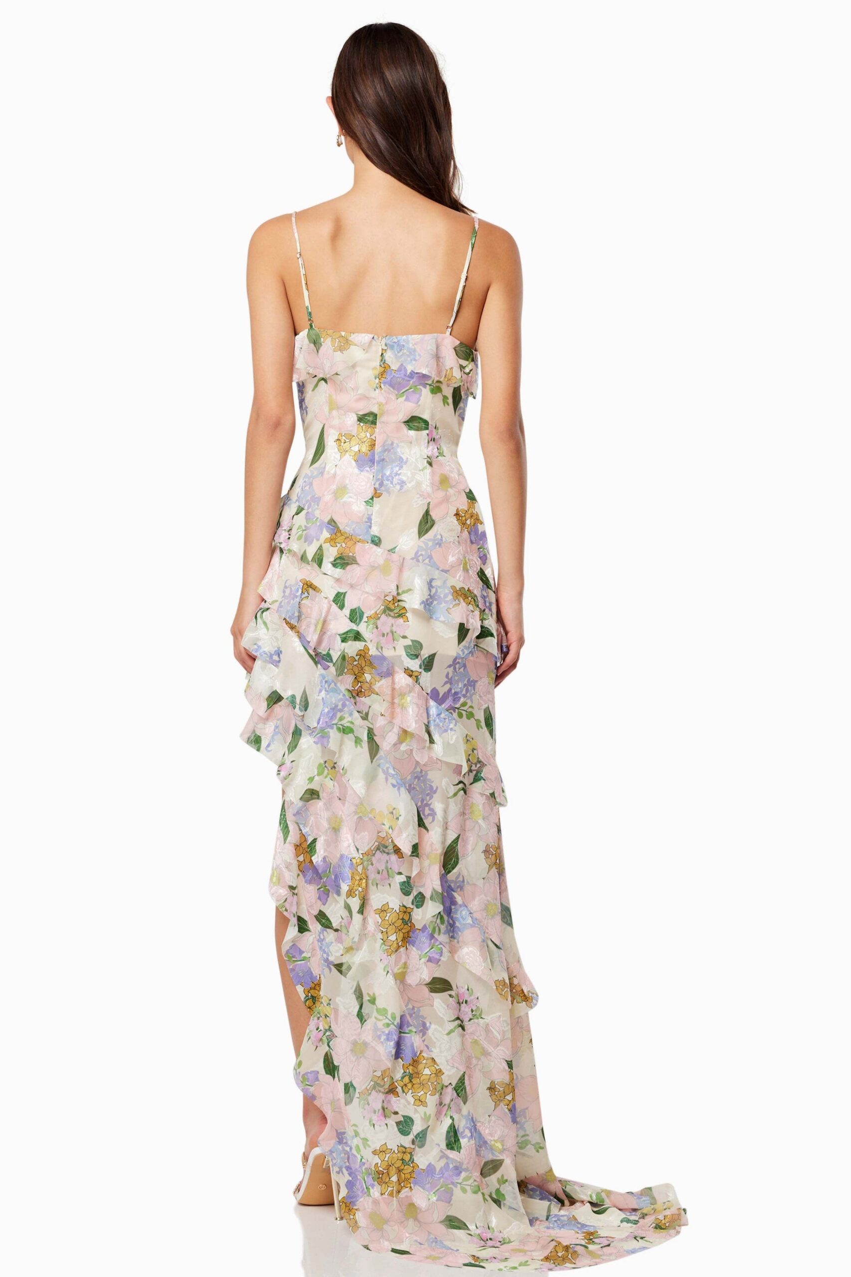 FLORAL V-NECK FRILL SLIP MAXI DRESS