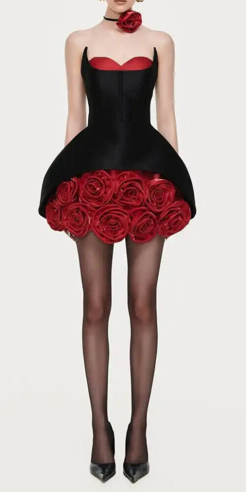 Rose Flower Ruffled Floral mini dress in Red Rose Flower Ruffled Floral mini dress in Red