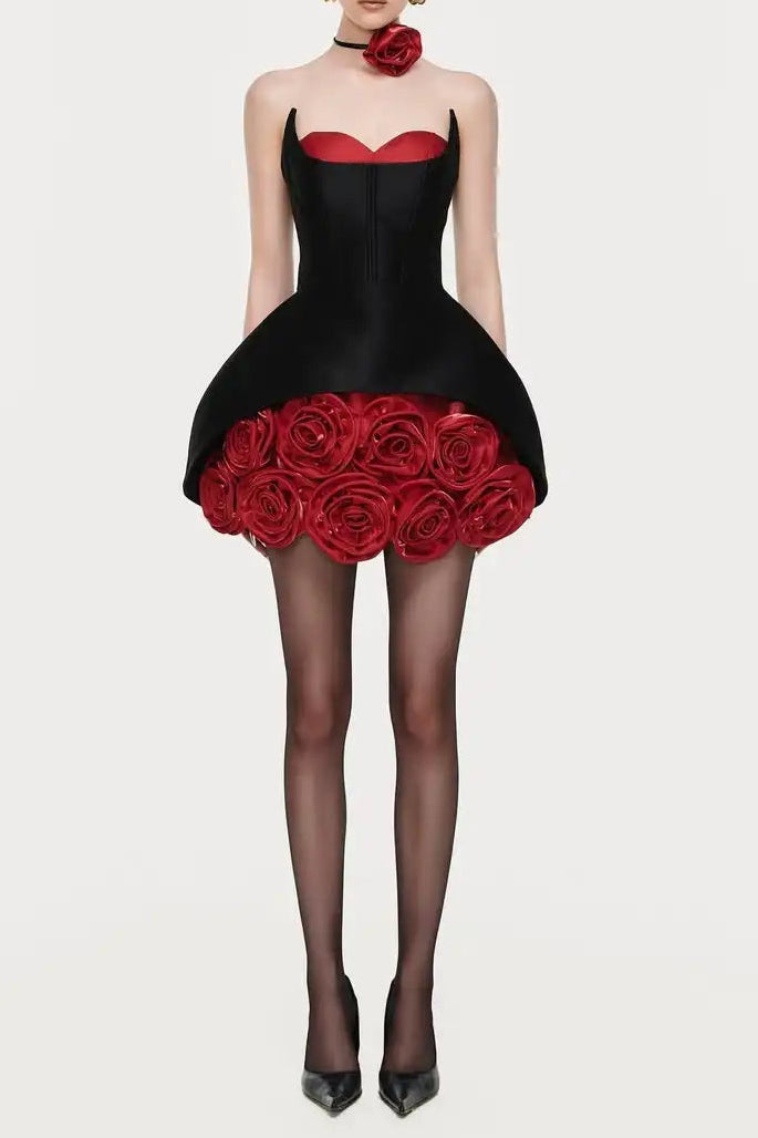 RED ROSE RUFFLE FLORAL MINI DRESS