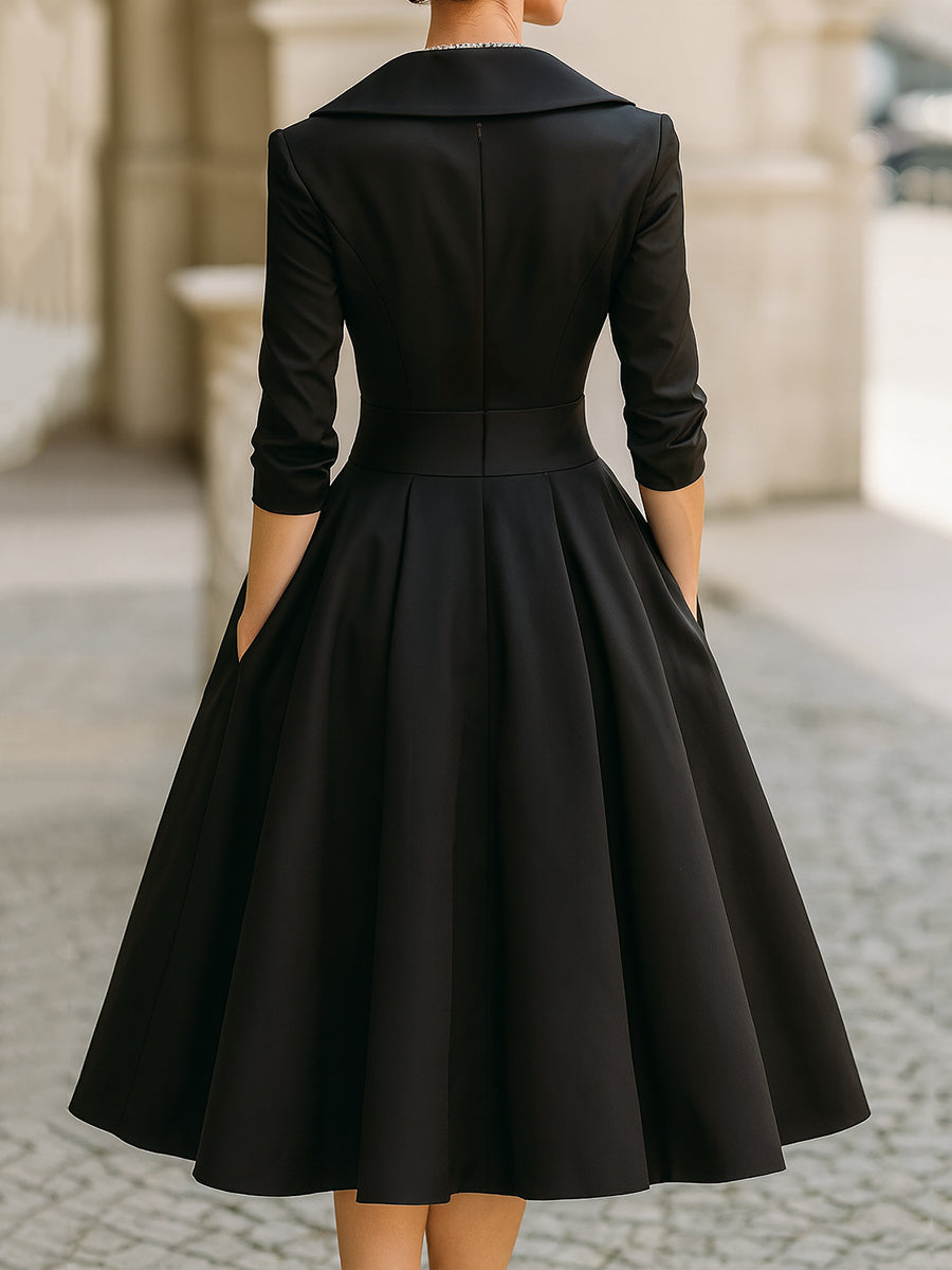 VINTAGE SATIN MIDI DRESS WITH DRAPED COLLAR