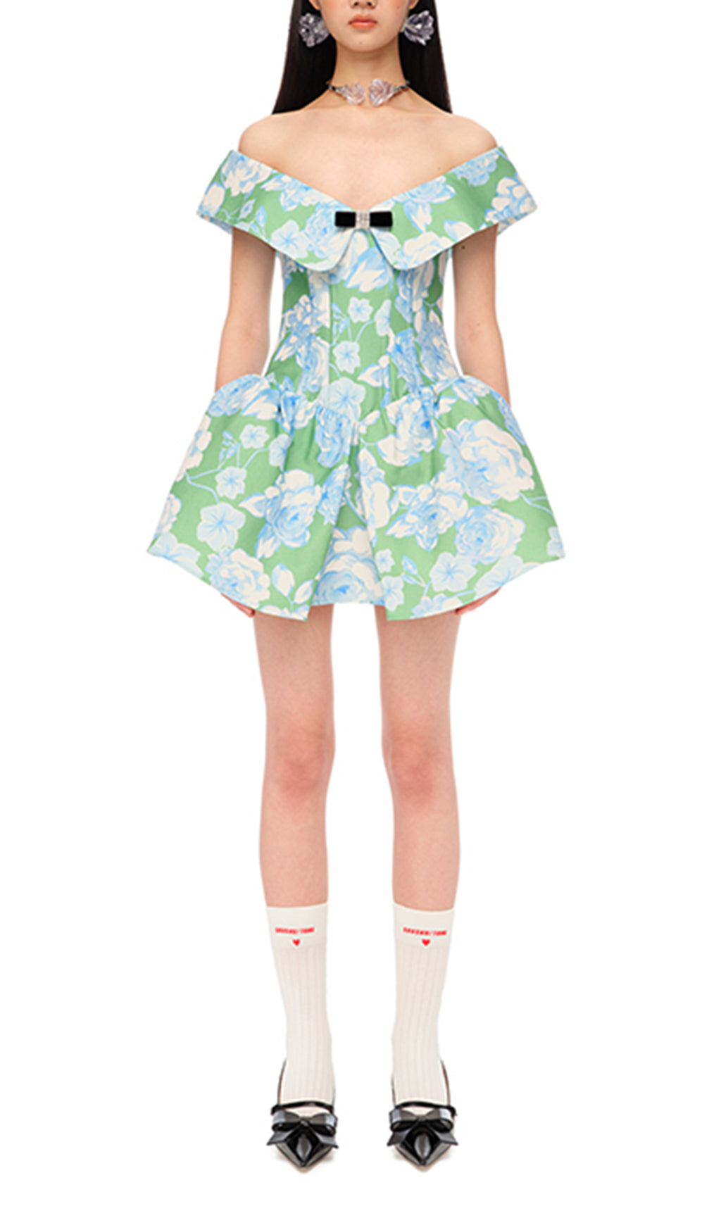 GREEN FLORAL A-LINE MINI DRESS FOR PARTY