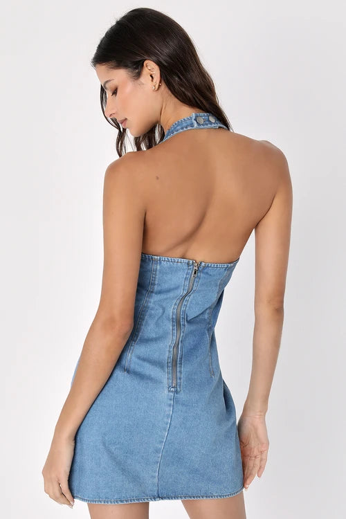 SUMMER DENIM HALTER MINI DRESS, MEDIUM WASH