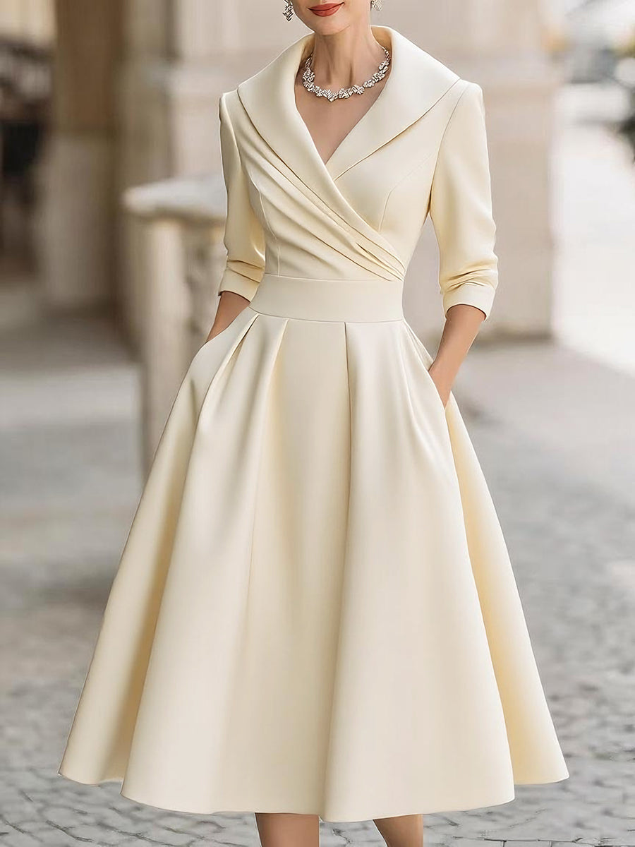 VINTAGE SATIN MIDI DRESS WITH DRAPED COLLAR