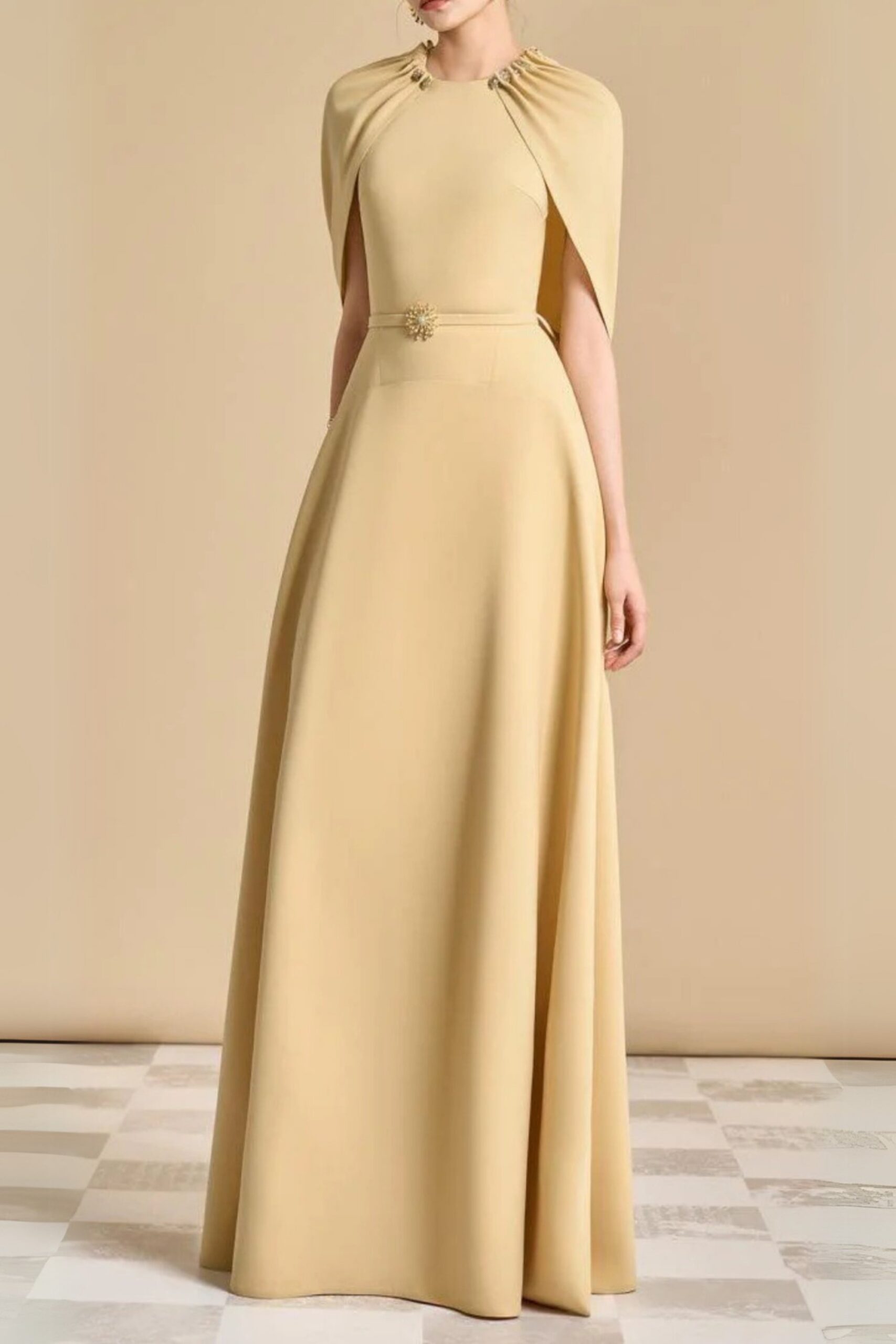 JASMINE A-LINE CAPE MAXI DRESS IN YELLOW BEIGE