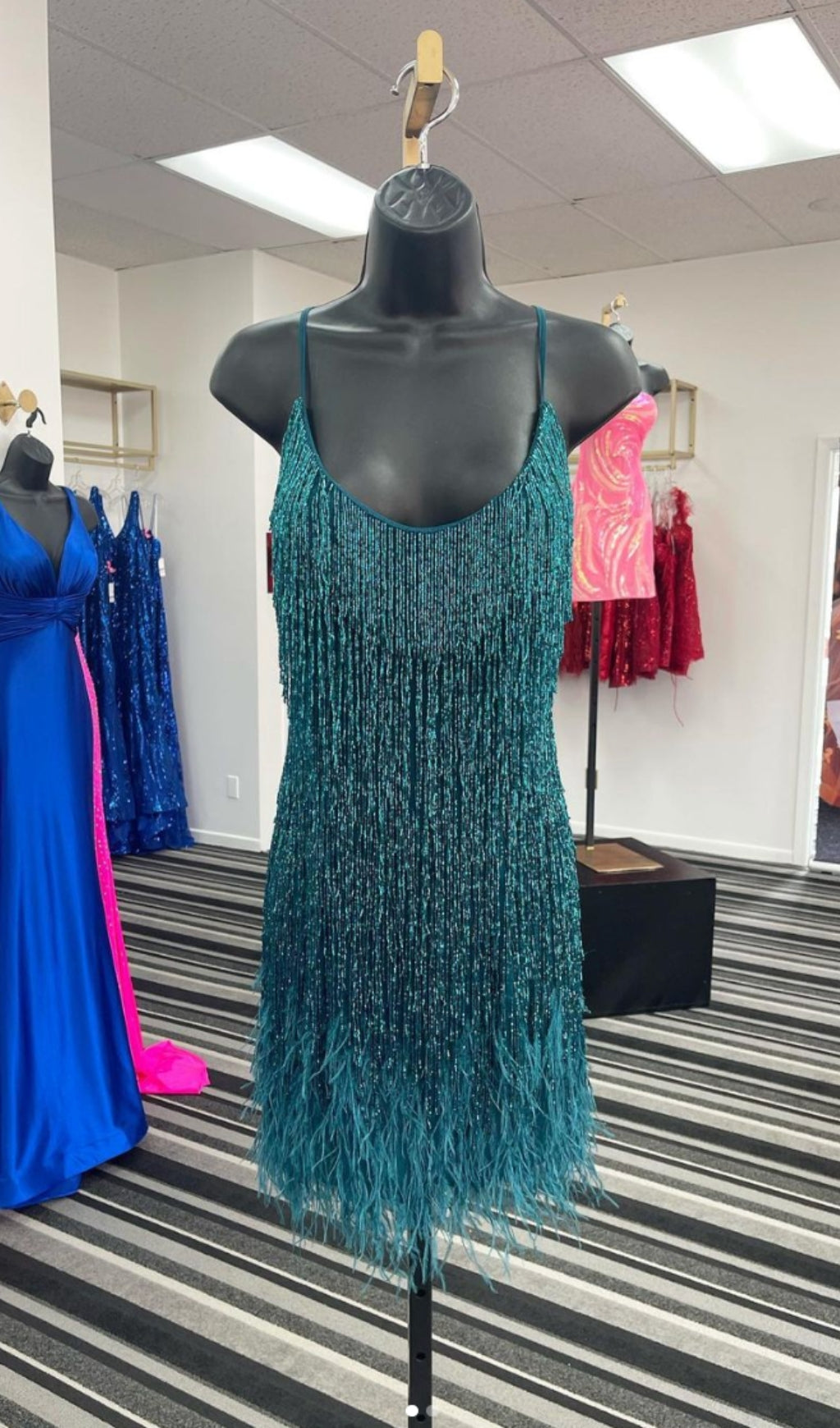EMERALD FEATHER TASSEL MINI DRESS FOR PARTIES