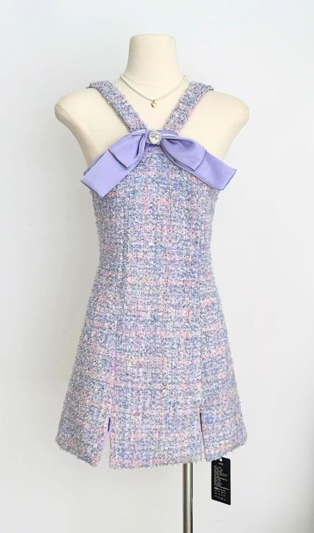 BOWTIE TWEED MINI DRESS, LAVENDER COCKTAIL PARTY