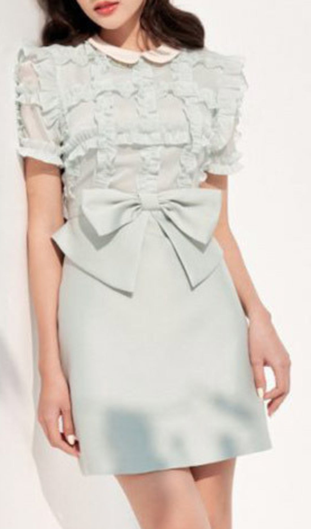LIGHT GREEN BROCADE BOW MINI DRESS