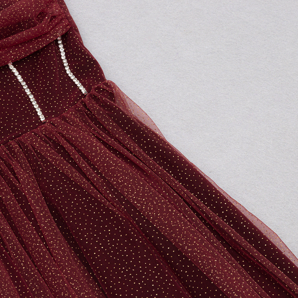 RUCHED BUST MESH RHINESTONE CAMI DRESS
