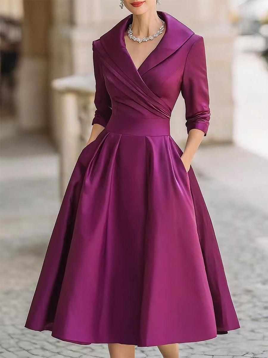 VINTAGE SATIN MIDI DRESS WITH DRAPED COLLAR