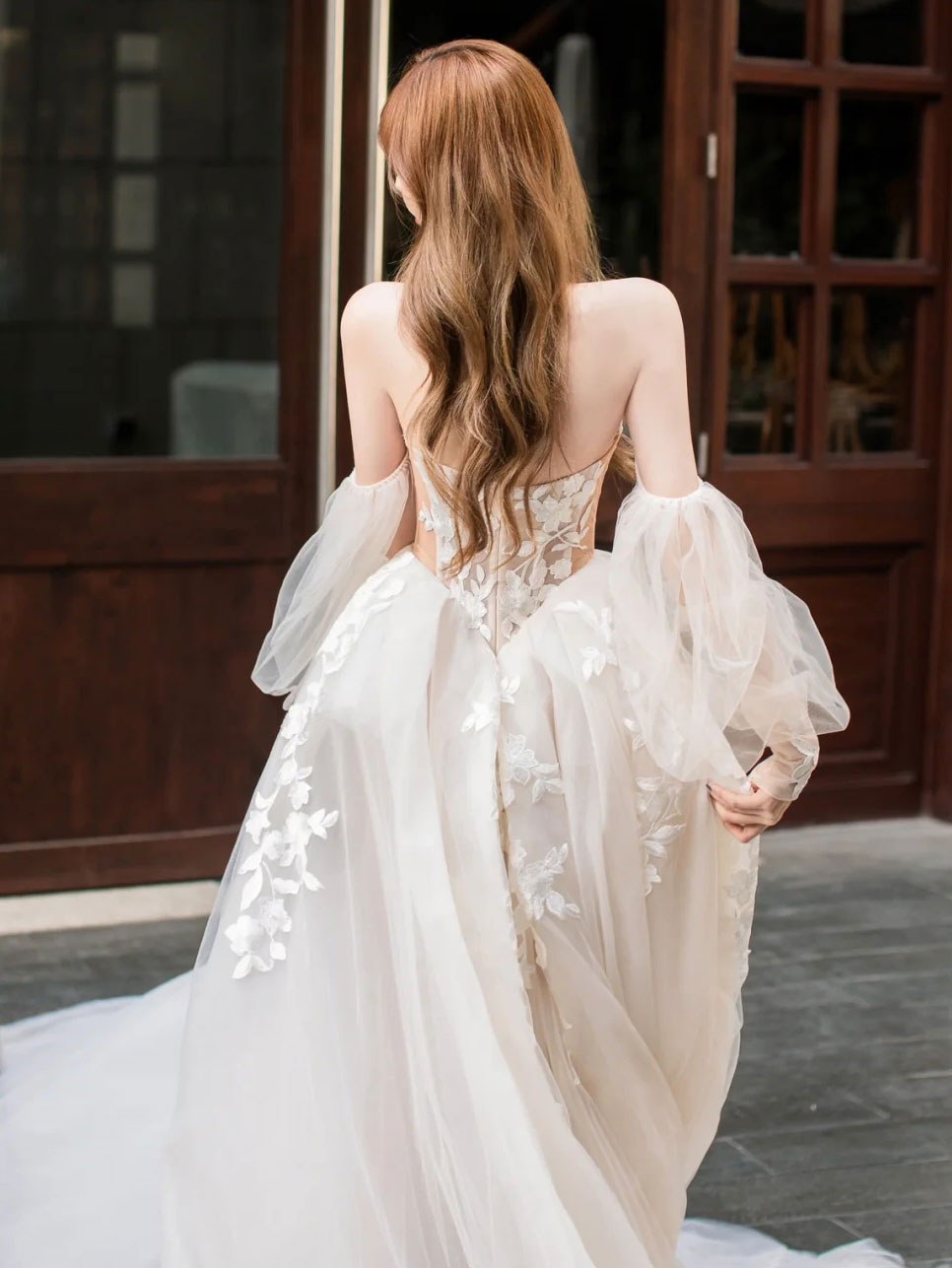 LIGHT CHAMPAGNE A-LINE LACE TULLE PROM GOWN