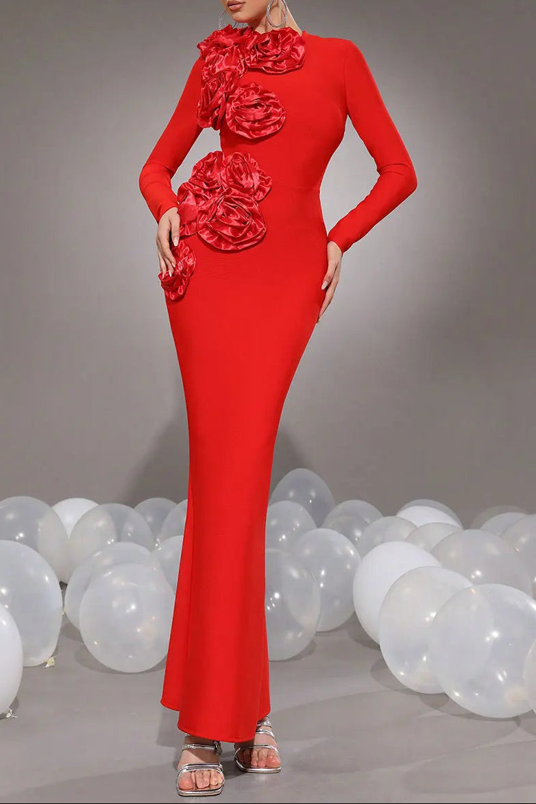 103fd8dd-8283-4230-b329-a9a23cb2e5eb SALLY 3D FLOWER BANDAGE MAXI DRESS RED