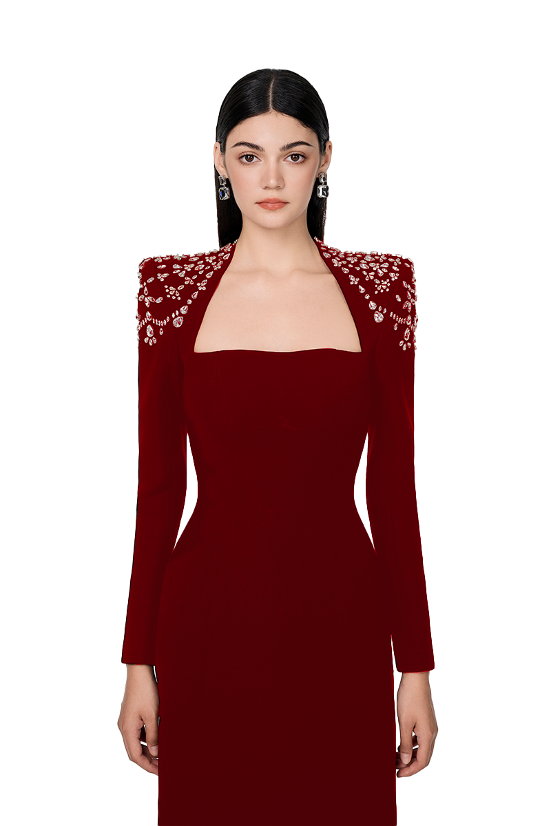 LONG SLEEVE TRAPEZOID NECKLINE BODYCON MAXI RED DRESS